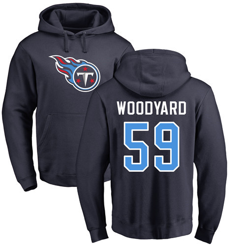 Tennessee Titans Men Navy Blue Wesley Woodyard Name and Number Logo NFL Football 59 Pullover Hoodie Sweatshirts
